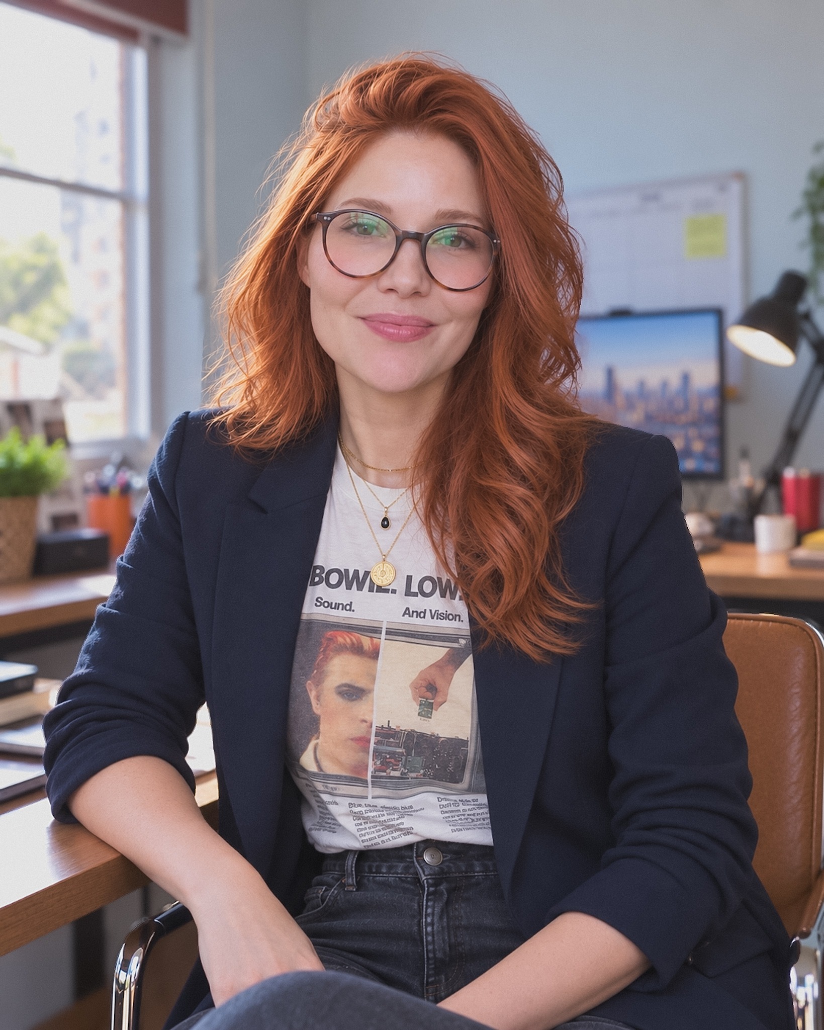 Karla Simões seated in her home office.